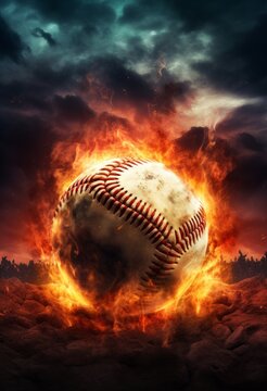 Generative AI image of a baseball with a fire in the background
