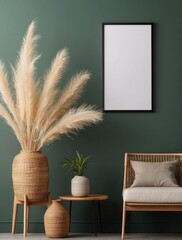 Wood side table, vase with pampas grass twigs near blank mockup poster frame