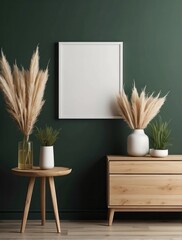 Wood side table, vase with pampas grass twigs near blank mockup poster frame