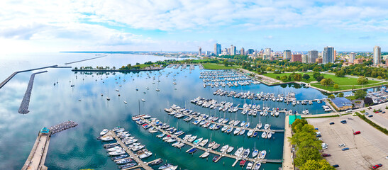 Aerial View of Marina with Boats and Urban Skyline, Milwaukee Panorama