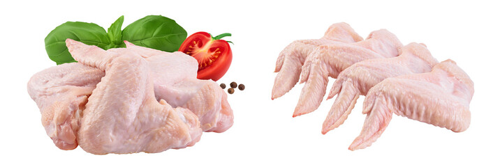 Raw chicken wings isolated on white background with full depth of field