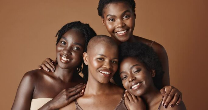 Skincare, face or happy black women models with glowing skin isolated on brown background. Facial dermatology, diversity or beauty cosmetics for makeup in studio with girl friends or African people