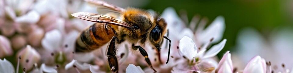 A close-up of a honeybee pollinating a flower, emphasizing the crucial role of pollinators in maintaining ecosystems. - obrazy, fototapety, plakaty