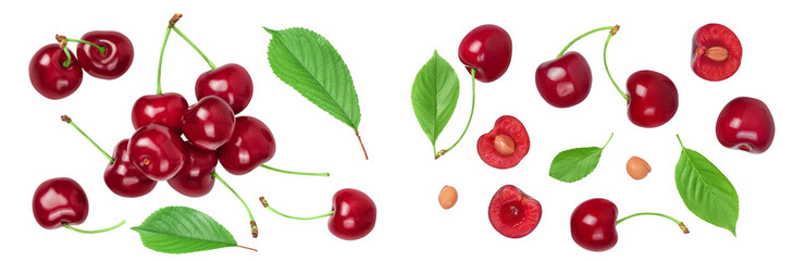 red sweet cherry isolated on white background  . Top view. Flat lay