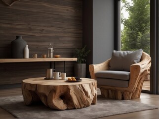 Hand-crafted armchair and stump coffee table. Rustic interior design of modern living room