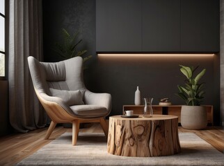 Hand-crafted armchair and stump coffee table. Rustic interior design of modern living room