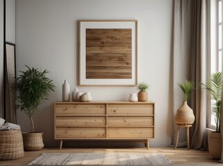 Wooden dresser and empty poster on white wall. Boho interior design of modern living room