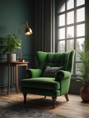 green wingback chair near window. Classic home interior design of living room
