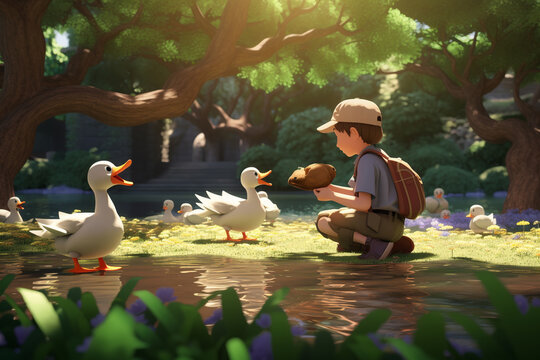A 3D boy cartoon character feeding ducks at a pond in a serene city park. 8k,