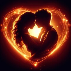 romantic silhouette of a intimate male couple together in love with orange heart background