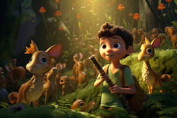 A 3D boy cartoon character playing an enchanted flute that summons friendly animals in a woodland....