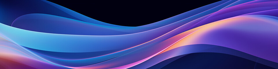 Abstract banner with vibrant waves of blue & purple hues, featuring retro glowing waves.