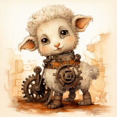Cute steampunk baby sheep, vintage watercolor
