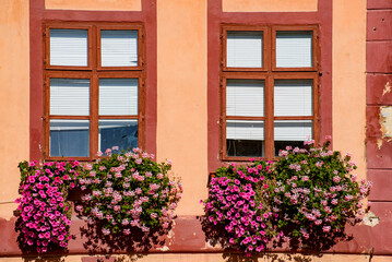 Fototapeta na wymiar Windows decorated with flowers, Brasov, Romania