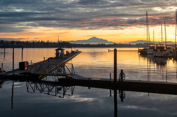 Beautiful sunrise at the Semiahmoo Marina with the majestic Mt. Baker in the background.  Semiahmoo...
