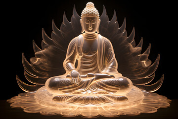 Buddha aus Licht: Mystische Statue des Buddhas in verschiedenen Farben auf schwarzem Hintergrund - obrazy, fototapety, plakaty