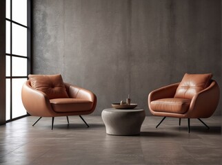 Two terra cotta leather armchairs and round wooden coffee table