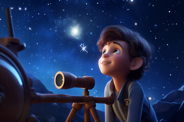 A 3D boy cartoon character stargazing with a telescope on a clear, starry night. 8k,