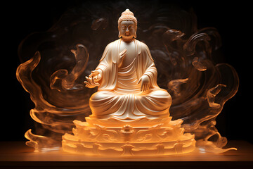 Buddha aus Licht: Mystische Statue des Buddhas in verschiedenen Farben auf schwarzem Hintergrund
