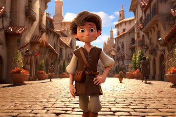 A 3D boy cartoon character standing in a medieval village square during a festival. 8k,