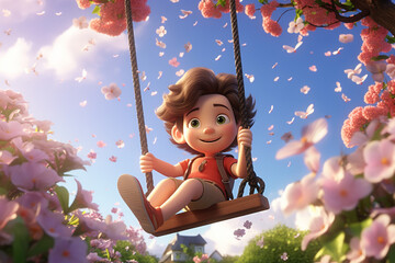 A 3D boy cartoon character swinging on a swing set in a blossoming garden. 8k,
