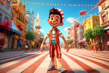 A 3D boy cartoon character walking on stilts at a vibrant street carnival. 8k,