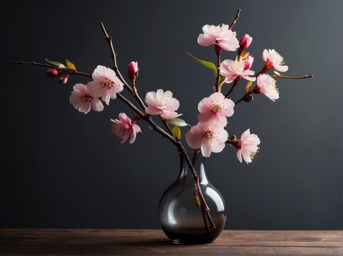 Glass vase with pink blossoms flowers twigs on wooden table near empty, blank dark grey wall