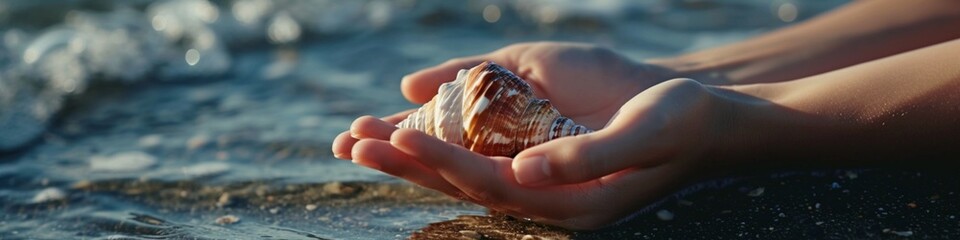 A pair of hands cradling a delicate seashell on a pristine beach, symbolizing the need to protect marine life and coastal environments. - Powered by Adobe