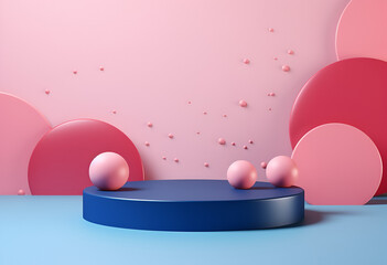 Realistic 3D pink and blue cylinder pedestal podium background with floating bubbles or balls. Wall minimal scene mockup products stage showcase, Cosmetic promotion display.