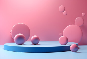 Realistic 3D pink and blue cylinder pedestal podium background with floating bubbles or balls. Wall minimal scene mockup products stage showcase, Cosmetic promotion display.