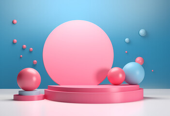 Realistic 3D pink and blue cylinder pedestal podium background with floating bubbles or balls. Wall minimal scene mockup products stage showcase, Cosmetic promotion display.