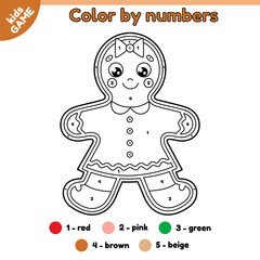 Kids game Color by numbers with gingerbread girl. Page of the holiday coloring book with cartoon Christmas cookies. New Year activity book for children. Outline vector illustration of the Xmas biscuit