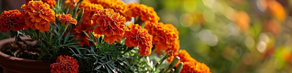 A picturesque display of marigolds in a terracotta pot, their fiery orange hues capturing the warmth of a summer afternoon.