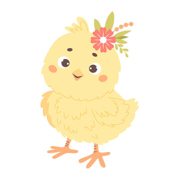 Cute little chick with flower. Vector illustration. Kids collection.