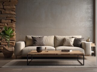 Beige sofa and wooden live edge coffee table against stone wall. Rustic home interior design