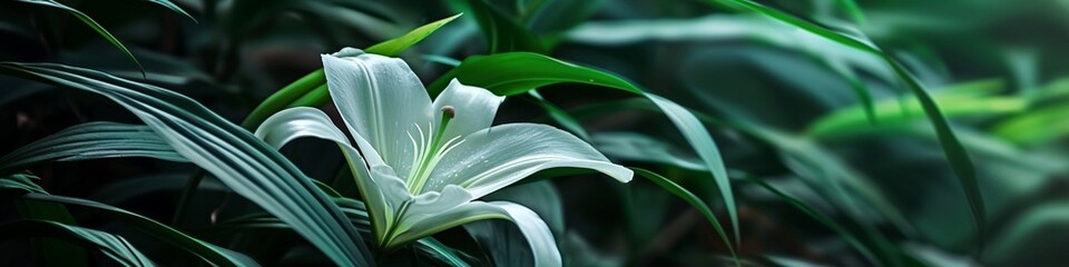 A pristine white lily emerging from a bed of emerald green leaves, a symbol of purity and renewal.