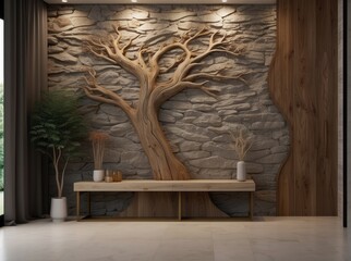 Big decorative stone and wooden tree trunk wall decor in luxury hallway. Rustic decorated home