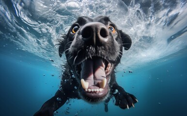 Hund, brauner Labrador, schoko Labrador spingt ins Wasser, schwimmt im Wasser und taucht im Wasser - obrazy, fototapety, plakaty