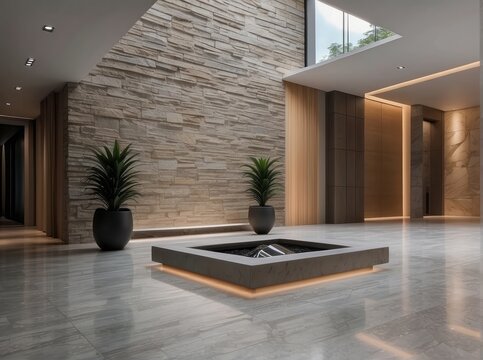 Stone cladding wall in spacious hallway with staircase. Luxury minimalist home interior
