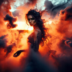 beautiful fire elemental goddess or demon burning with flames