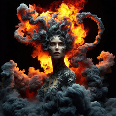 scary fire elemental goddess or demon burning with flames