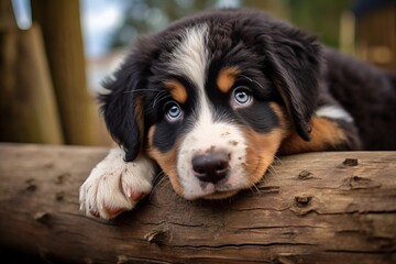 Berner Sennenhund, Portrait Hundewelpe. Flauschiger glücklicher Welpe