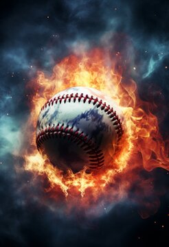 Generative AI image of baseball on fire in a blue background