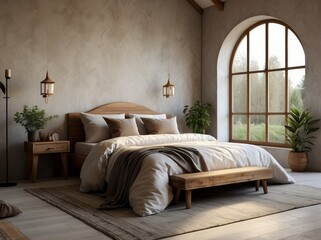 Boho interior design of modern bedroom. Arched stucco ceiling and grid window in farmhouse room