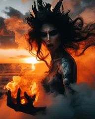 Fototapete Rund beautiful fire elemental goddess or demon burning with flames © clearviewstock