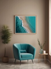 Turquoise blank poster on beige wall and armchair. Interior design of modern living room