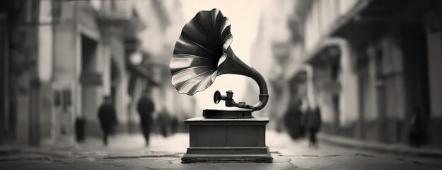 Street Level Gramophone. A solitary gramophone on a busy street corner brings a touch of history to the modern urban hustle - obrazy, fototapety, plakaty