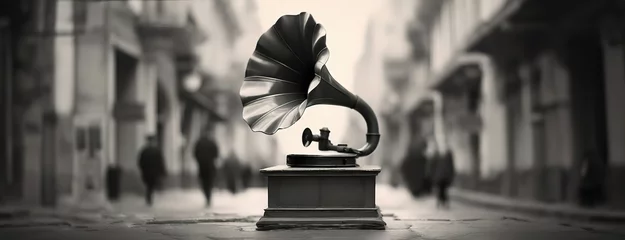 Foto op Canvas Street Level Gramophone. A solitary gramophone on a busy street corner brings a touch of history to the modern urban hustle © Igor Tichonow