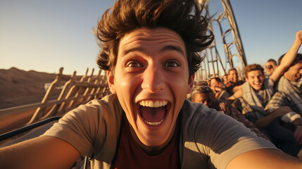 A man taking a selfie on a roller coaster with a blurred background capturing the thrill and speed - obrazy, fototapety, plakaty