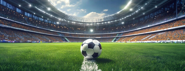 Soccer Ball in a Stadium with Lights. A classic black and white soccer ball on green grass in the...